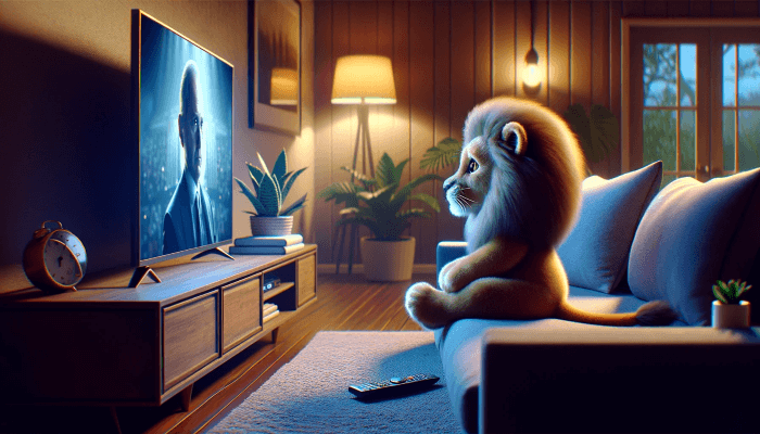 ライオンがソファーに座ってテレビをみて夢中になっているリビングのイラスト